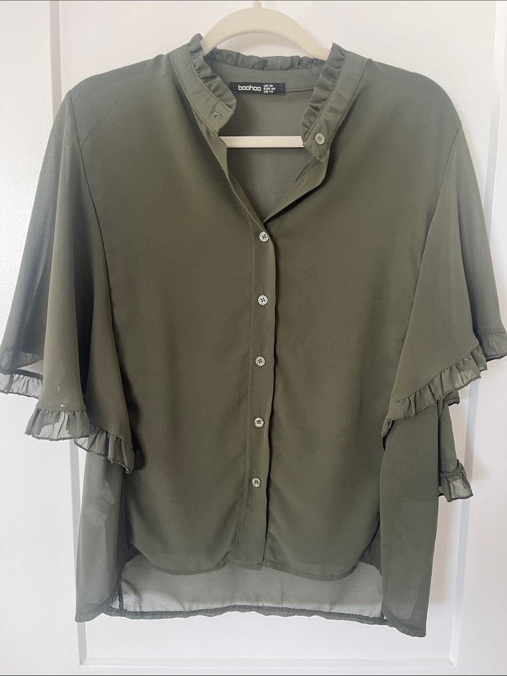 Boohoo Olive Green Ruffle Trim Button-Down Blouse